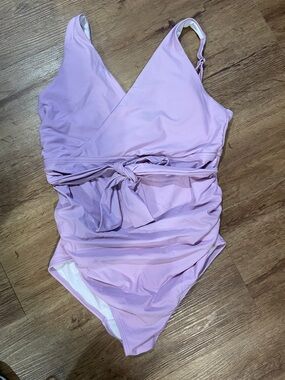 Lavender maternity one-Piece Swimsuit with Waist Tie